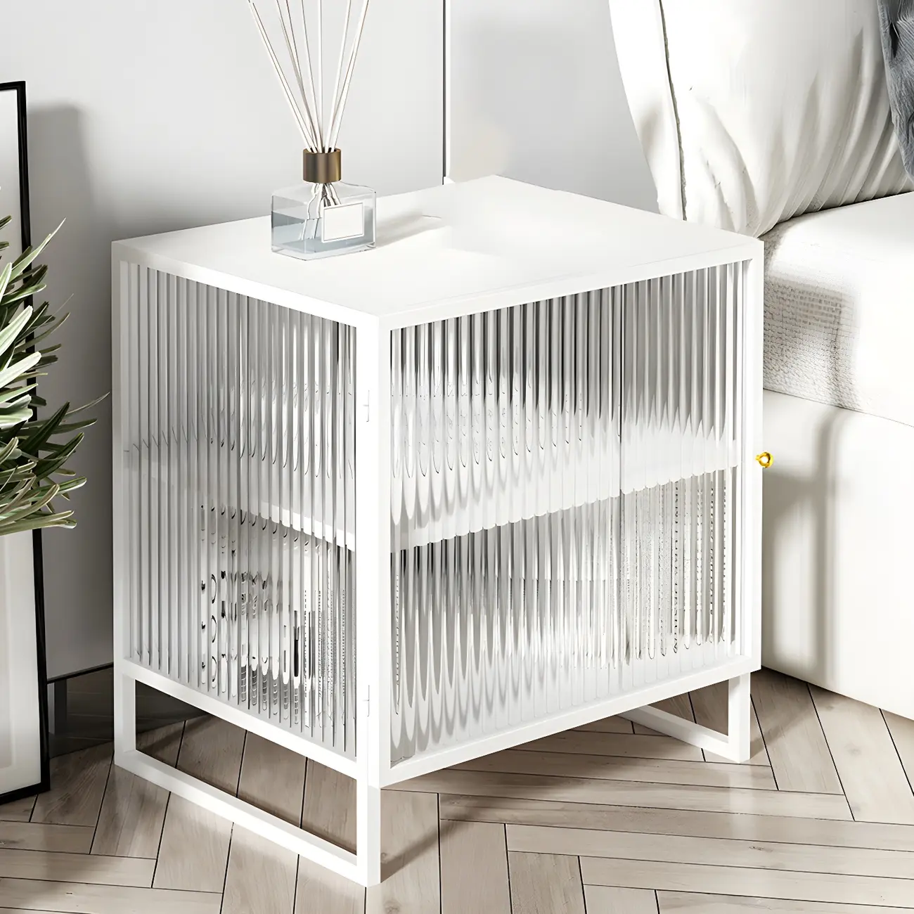 Black 2-Tier Ribbed Glass Metal Bedroom Nightstand