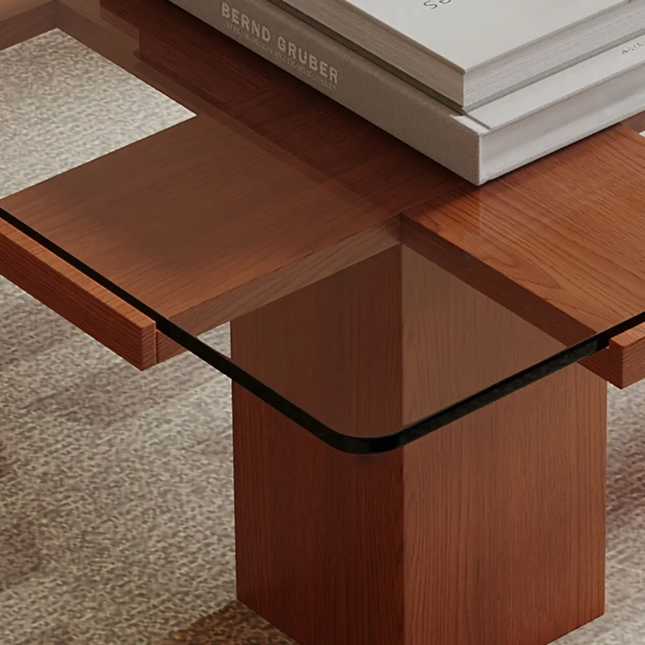 Square Modern Glass Wood Four Legs Coffee Table