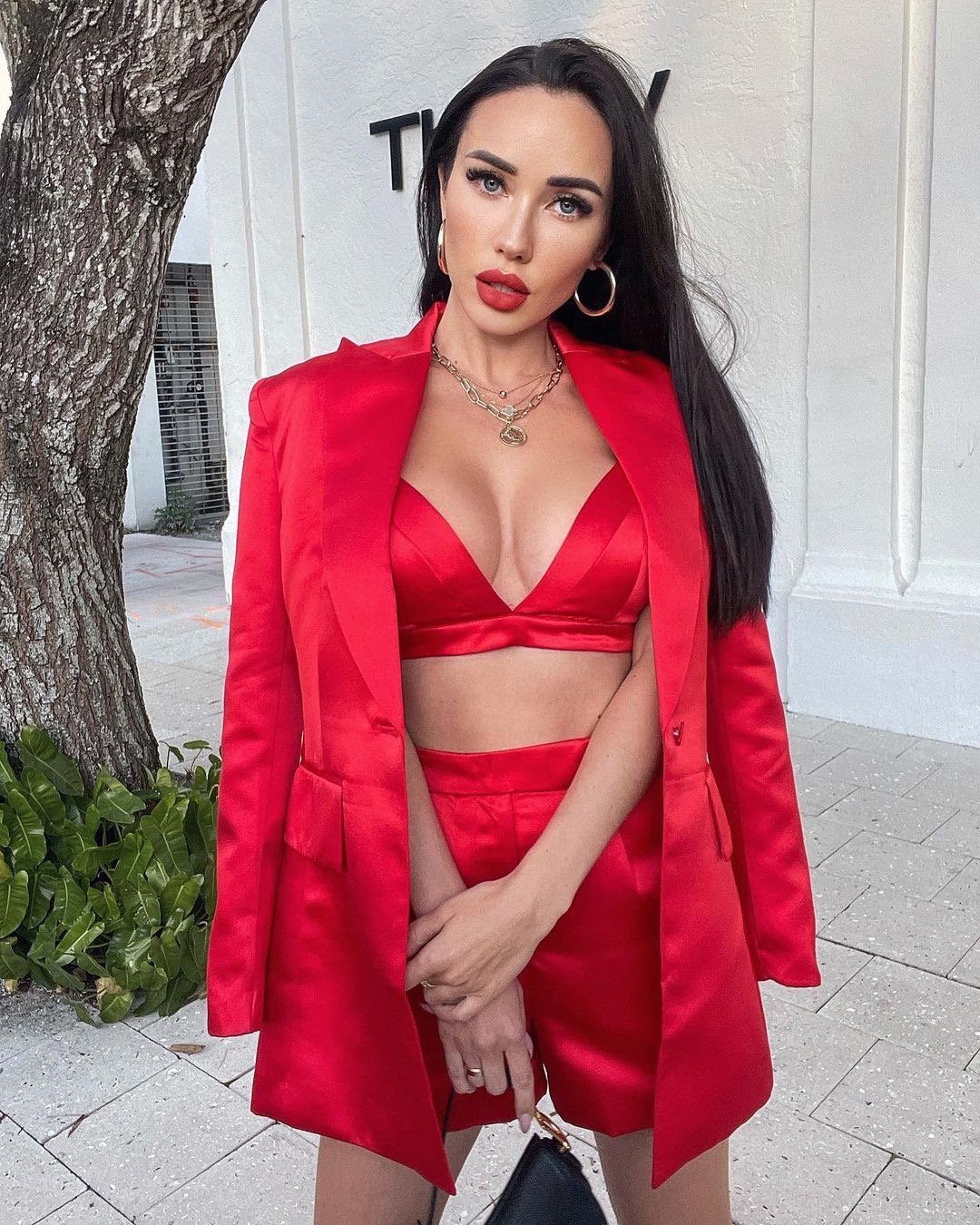 High Quality Red Satin Three Pieces Bandage Suit Sexy Long Sleeves Celebrity Fashion Party Club Blazer Coat Crop Tops Short Set - Deanwangkt
