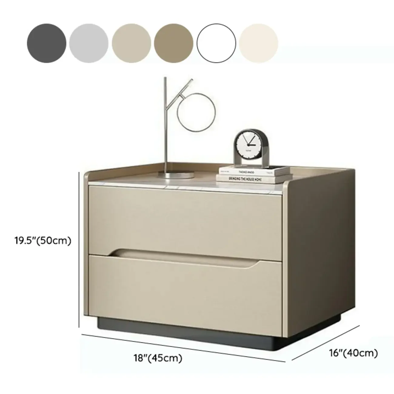 Modern Khaki Leather Stone Top 2-Drawer Nightstand