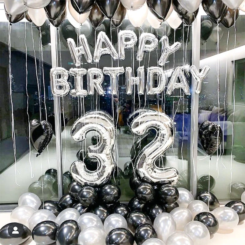 HULIANFU Silver Black Style Foil Letter Number Balloons Baby Shower Helium Ballon Happy Birthday Kids Adult Party Decoration Supplies - Deanwangkt