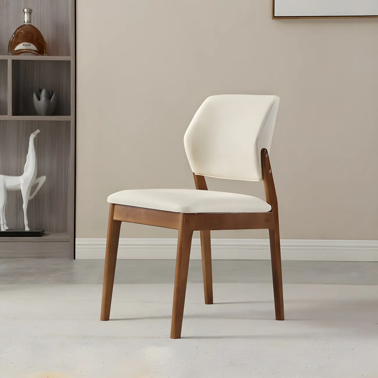 Modern Wood Faux Leather Beige Low Back Dining Chair