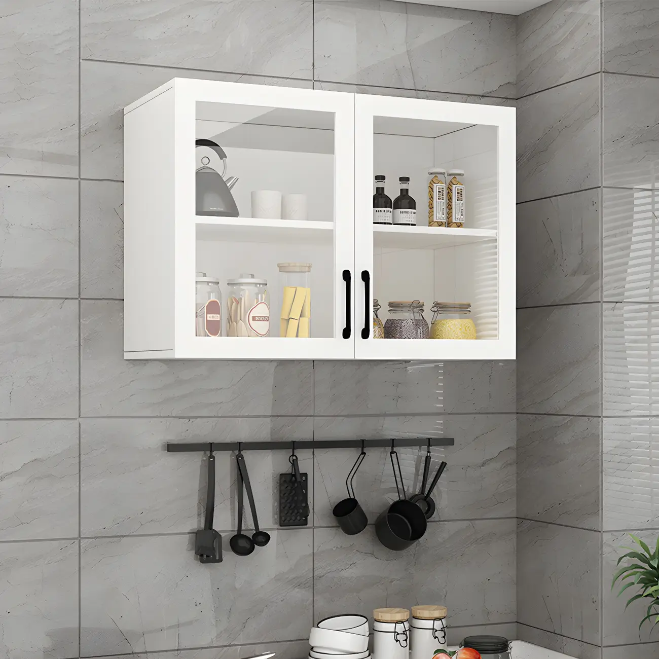 White Rectangular Wall-Mounted Wood China Cabinet