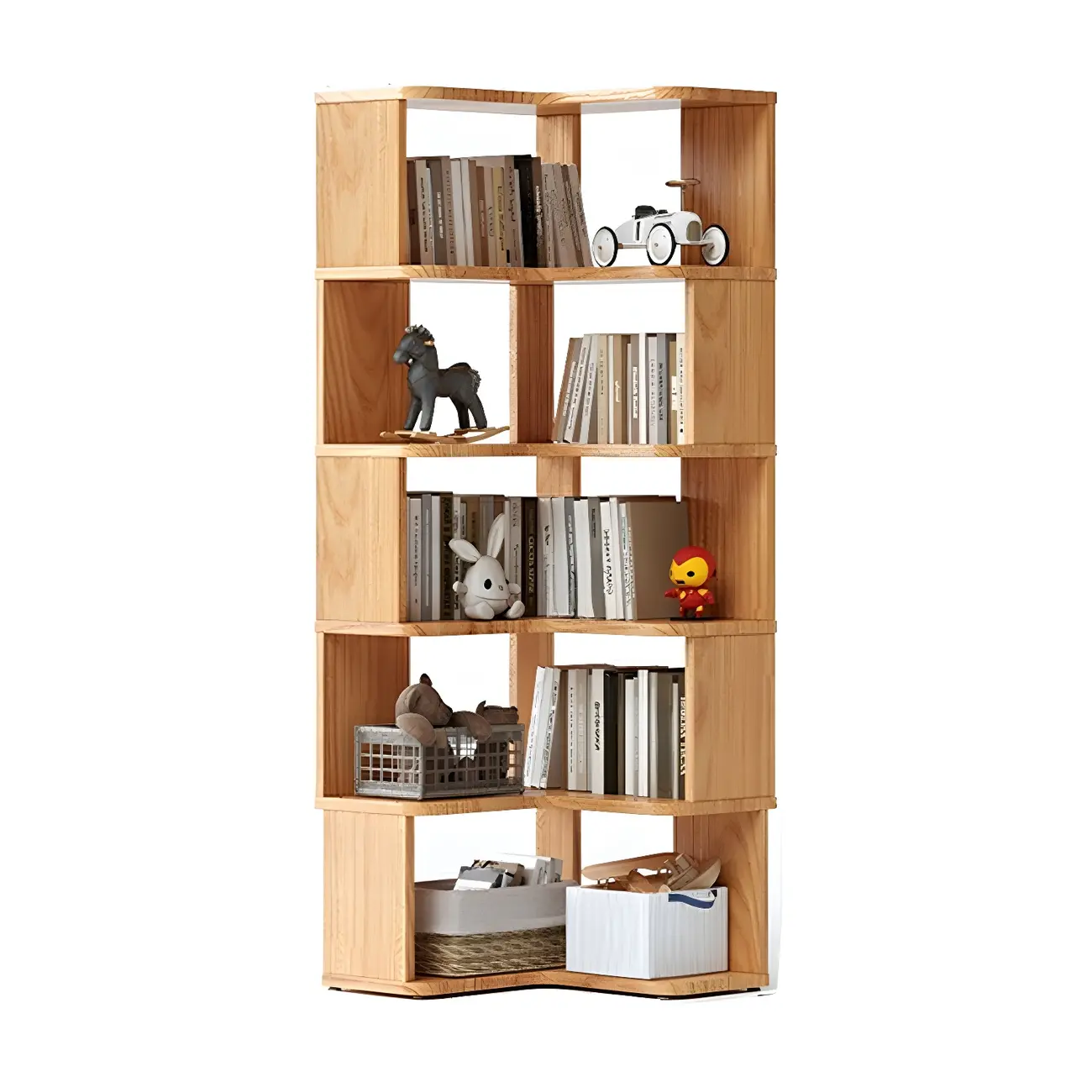 Modern L-Shaped Walnut Wood Open Back Corner Bookcase