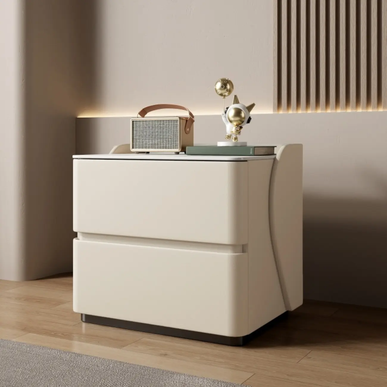 Modern Stone Top Leather Pine 2-Drawer Nightstand