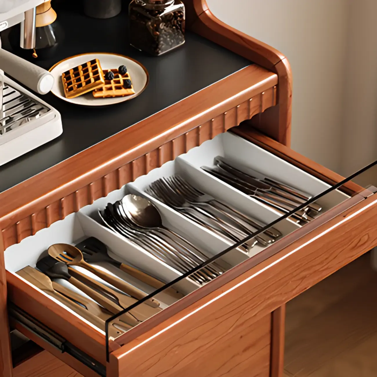 Narrow Brown Marble Countertop Wooden Display Buffet