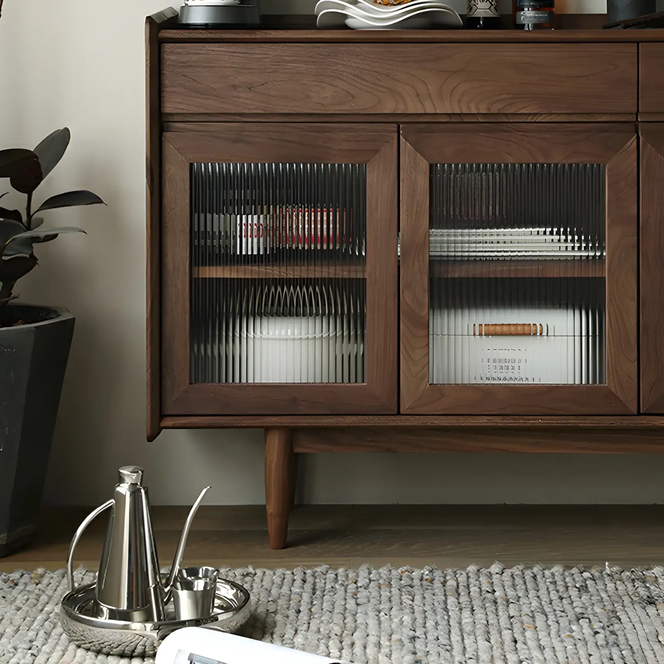 Modern Dark Brown Pine Wood Sideboard with Drawers