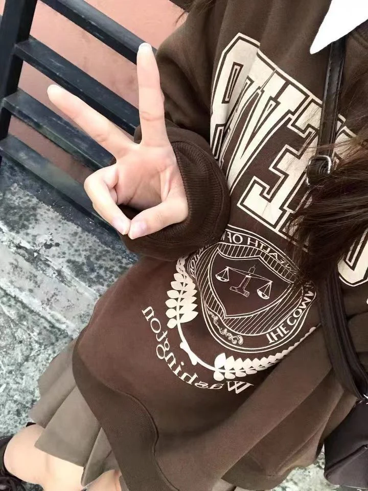 hulianfu Y2K Vintage Brown Sweatshirts Women Streetwear Egirl Aesthetic Letter Oversize Hoodies Harajuku Korean Style Female - Deanwangkt