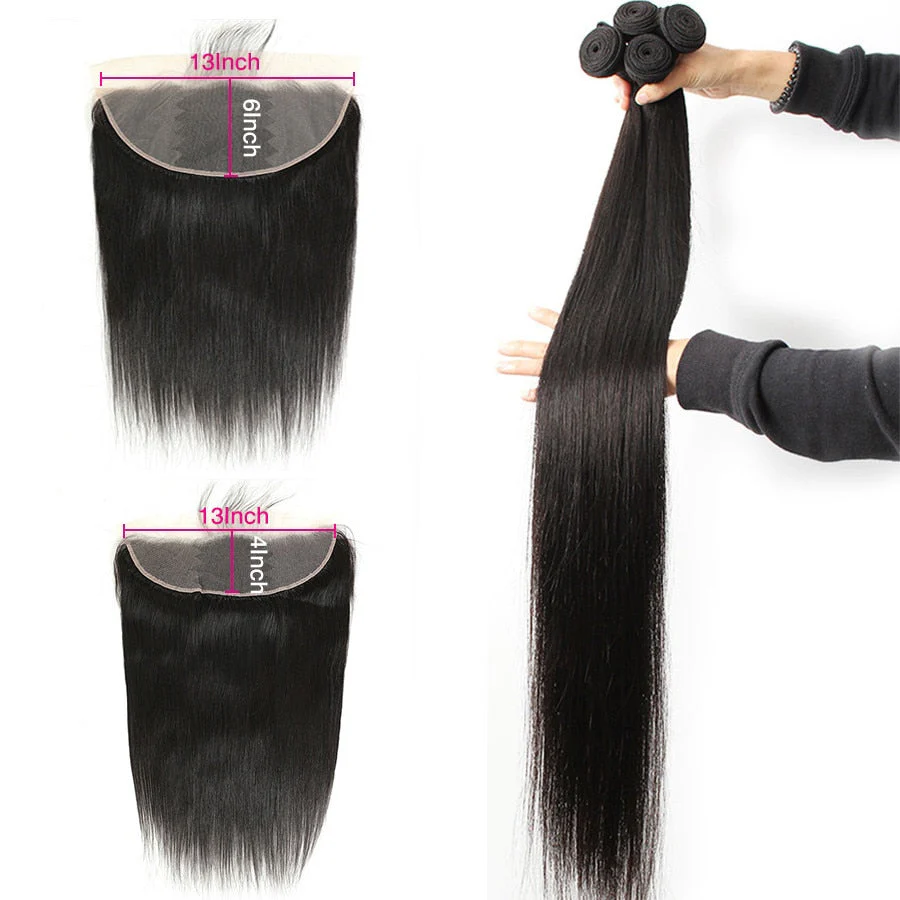 HULIANFU Queenlife 40 42 Inch Straight Human Hair Bundles With 13x4 Frontal Pre Plucked Brazilian Virgin Hair Lace Frontal With 3 Bundles - Deanwangkt