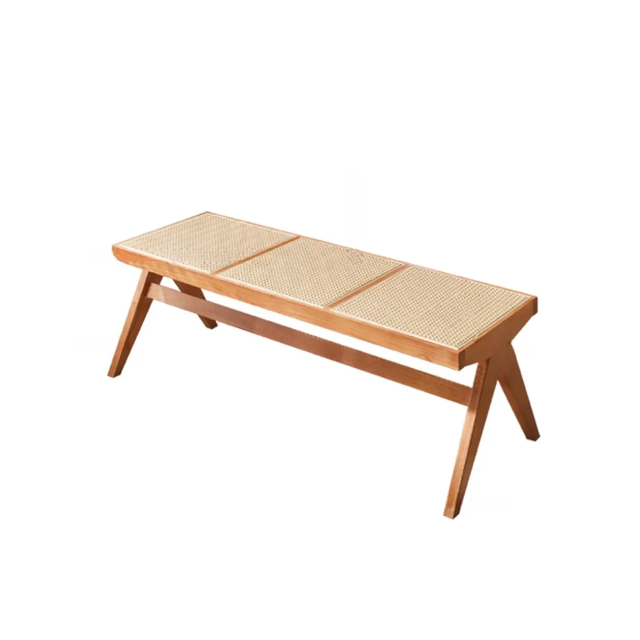 Elegant Rattan Top Finish Wooden Rectangular Cherry Benches