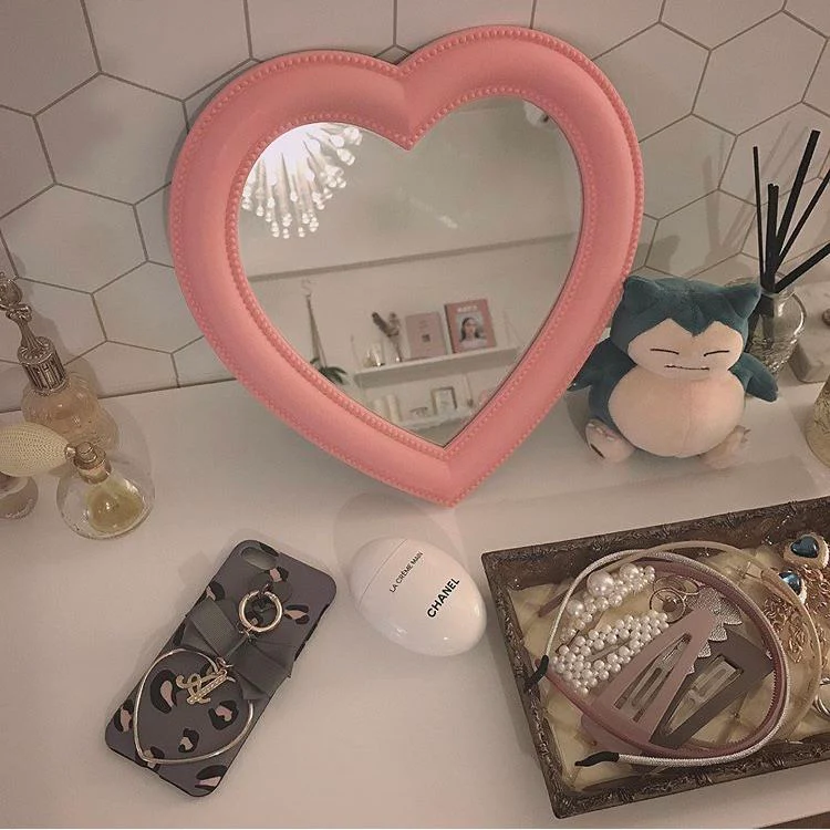 HULIANFU Ins Love Heart Cosmetic Mirror Wall Hanging Dormitory Dressing Mirror Pink White Korean Living Room Decorative Mirrors For Girls - Deanwangkt