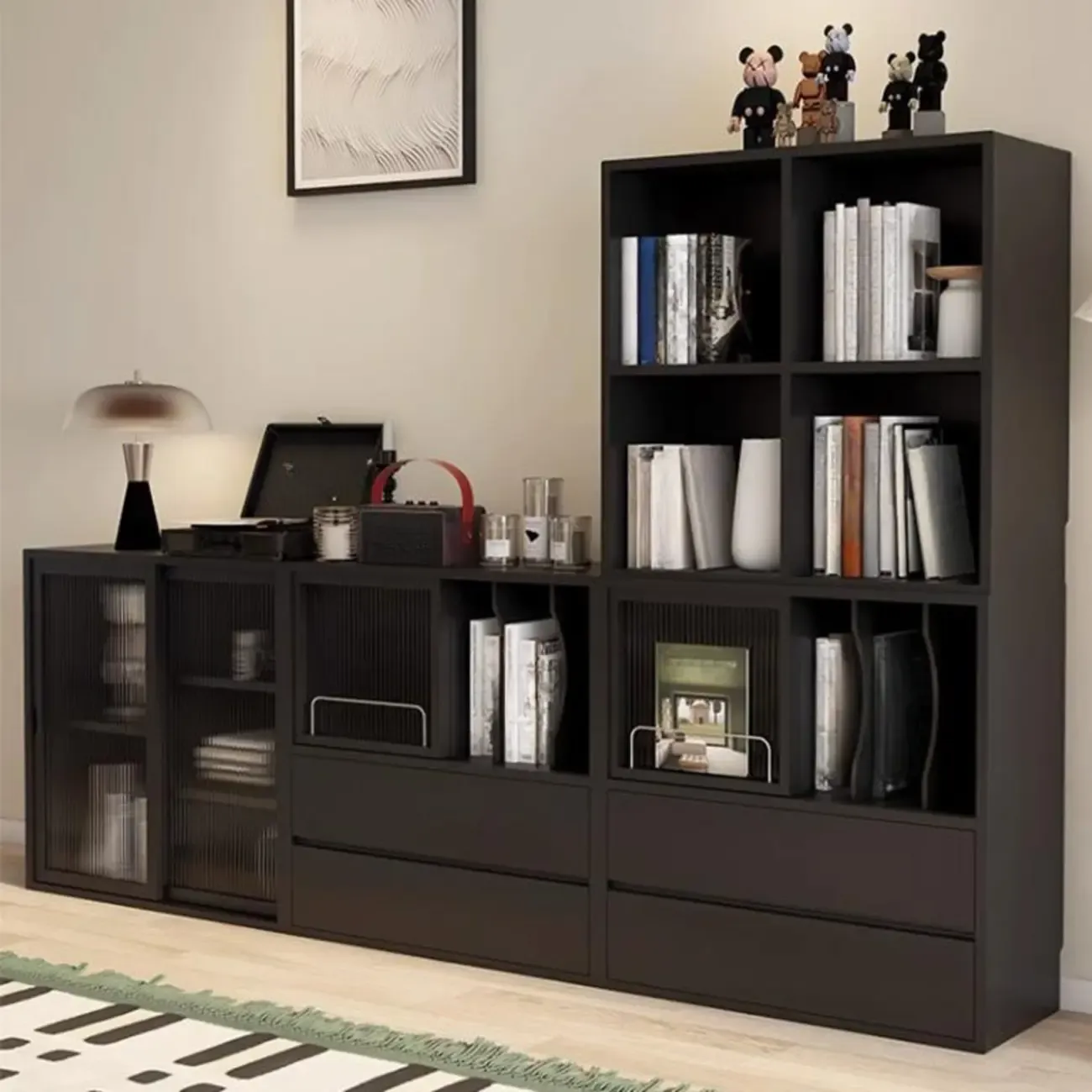 Black Short Cube Wood Bookshelf with Drawers Cabinet