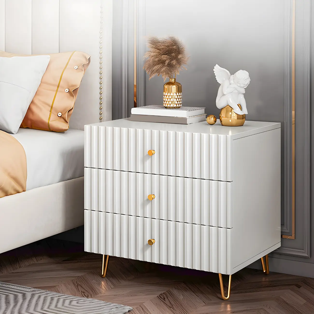 Modern Wooden Stripe Gold Accents Stylish Nightstand