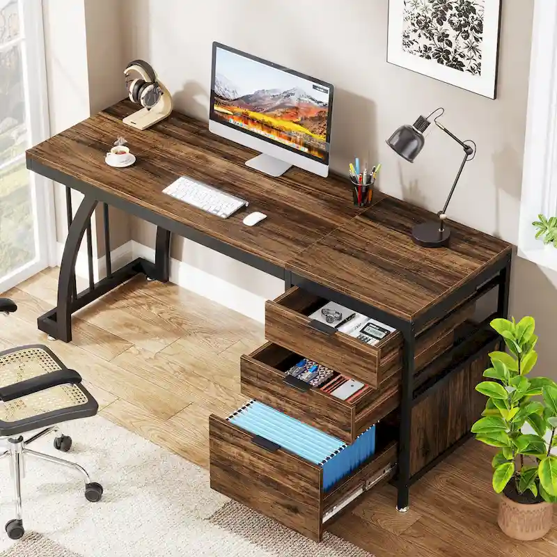 59-inch Wood/ Metal Computer Desk Writing Table with 3 Reversible Drawers