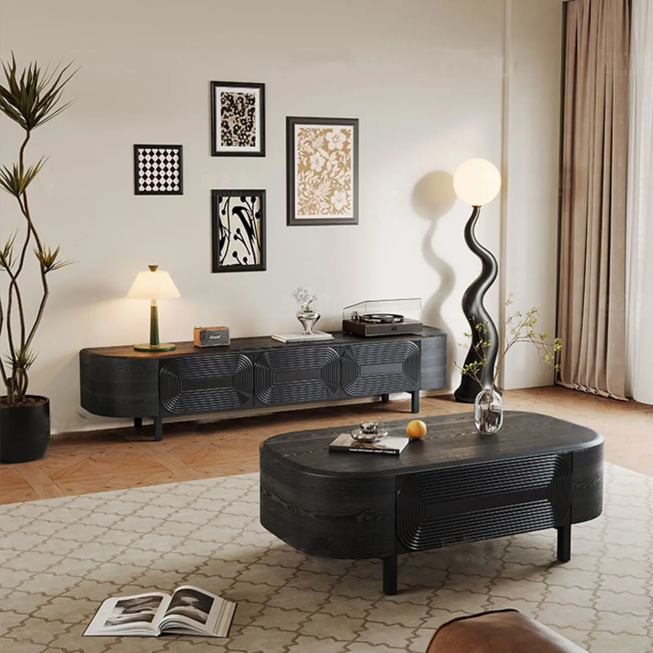 Mid Century Modern Black Wood TV Stand with Drawers