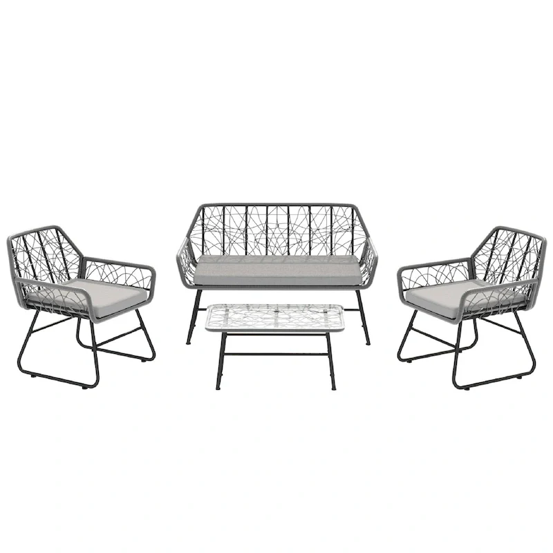 4-Piece Wicker Patio Set with Tempered Glass Table and Detachable Blue Cushions