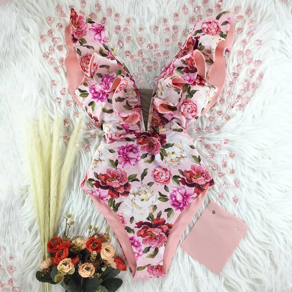 New Sexy Ruffle Print Floral One Piece Swimsuit Off The Shoulder Swimwear Women Solid Deep-V Beachwear Bathing Suit Monkini - Deanwangkt
