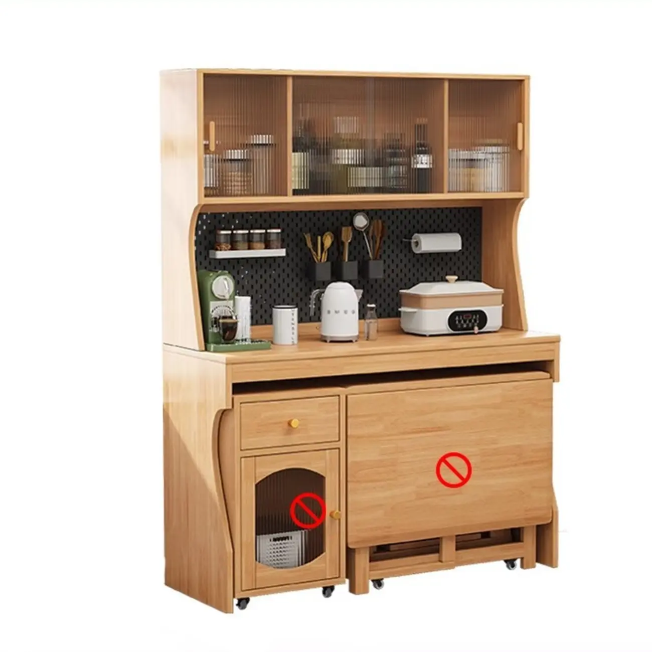 Mobile Natural Wood Hutch Top Kitchen Sideboard with Doors