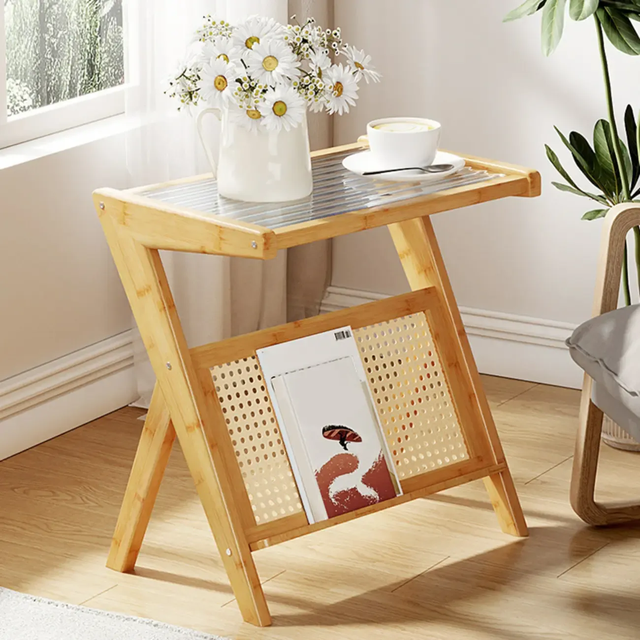 Glass Top Side Table with Magazine Rack for Living Room