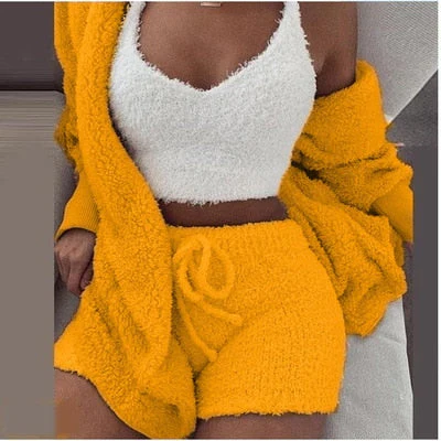 Three Piece Sexy Fluffy Outfits Plush Velvet Hooded Cardigan Coat+Shorts+Crop Top Women Tracksuit Sets Casual Sports Sweatshirt - Deanwangkt