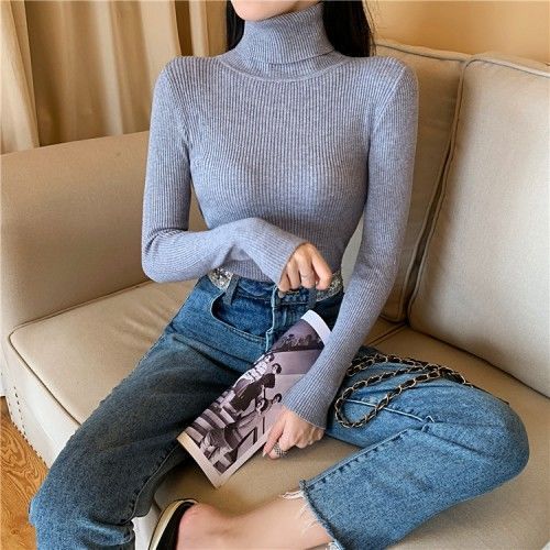Women's Autumn Winter Turtleneck Pullovers Sweater Woman Primer Shirt Long Sleeve Short Slim-fit tight Jumper Top Solid - Deanwangkt