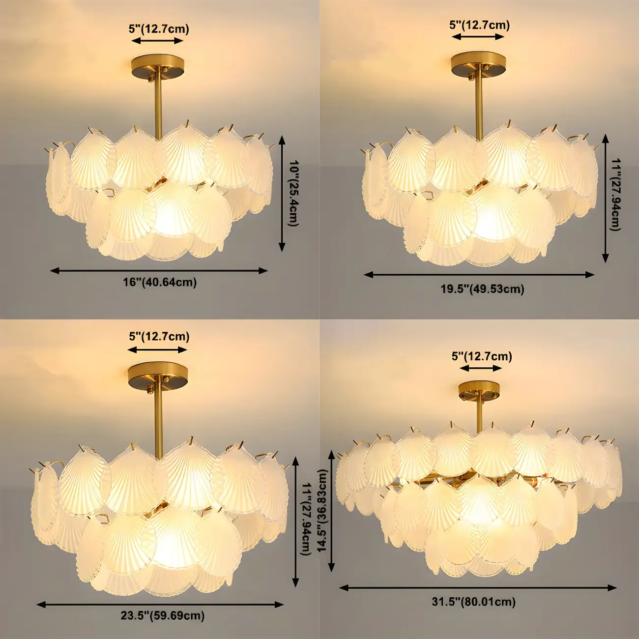 Adjustable Elegant Gold Unique Layered Scallop Glass Chandelier