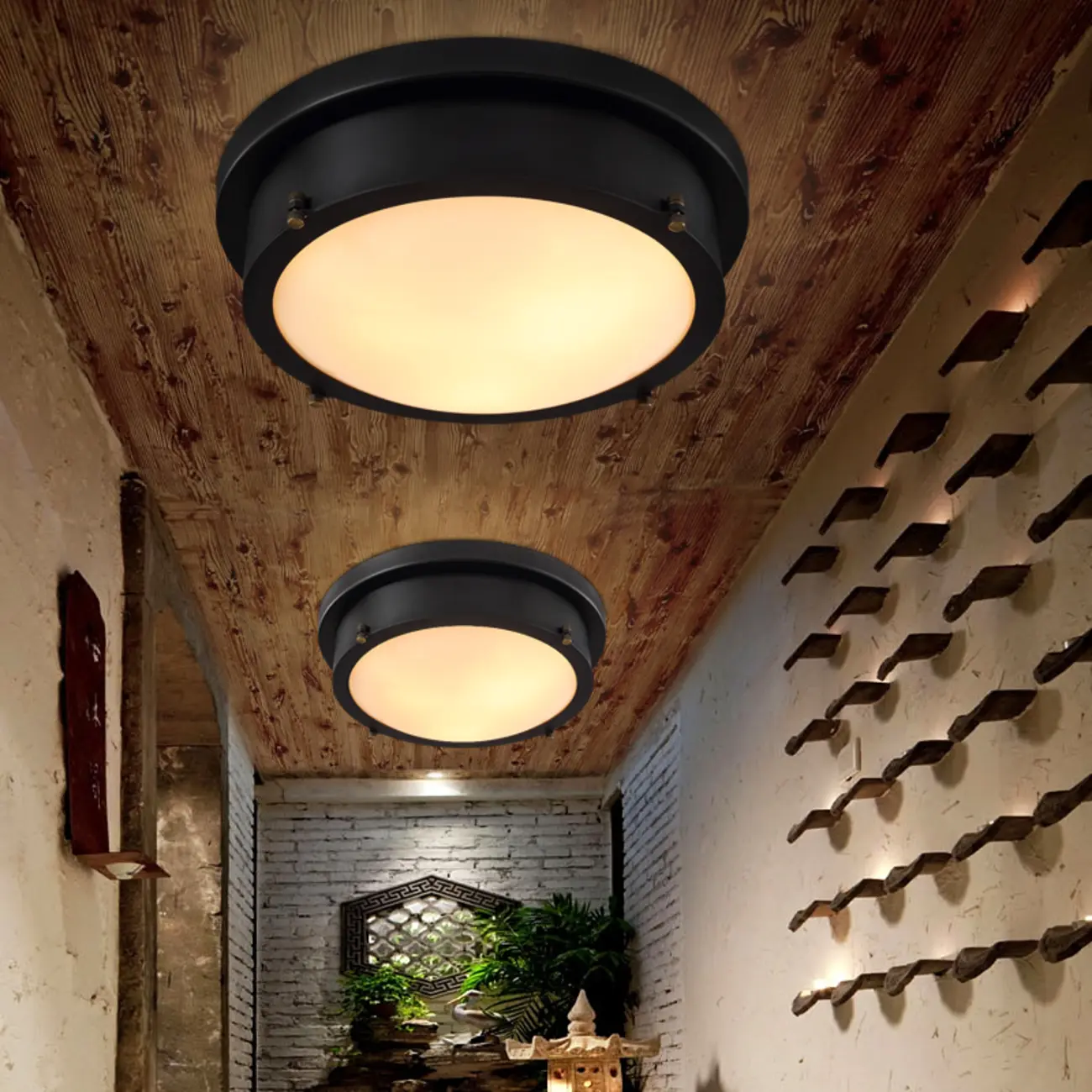 Industrial Black Round Warm LED Flush Mount Ceiling Light