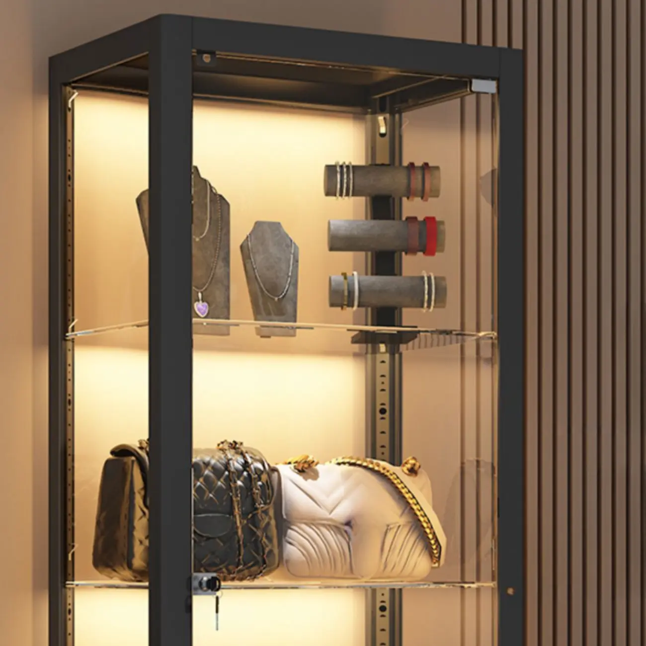 Enclosed Black 5-Shelf Metal Curio Cabinet with Light