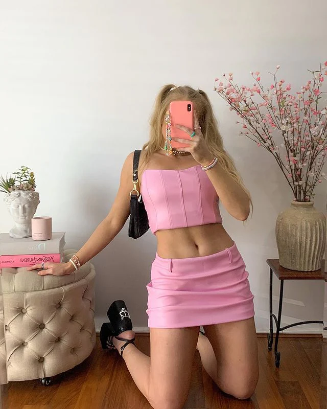 Hulianfu High Quality Summer Crop Top Women Fishbone Double Layer Pink PU Leather Sexy Crop Top Fashion Lady Clubwear Party - Deanwangkt