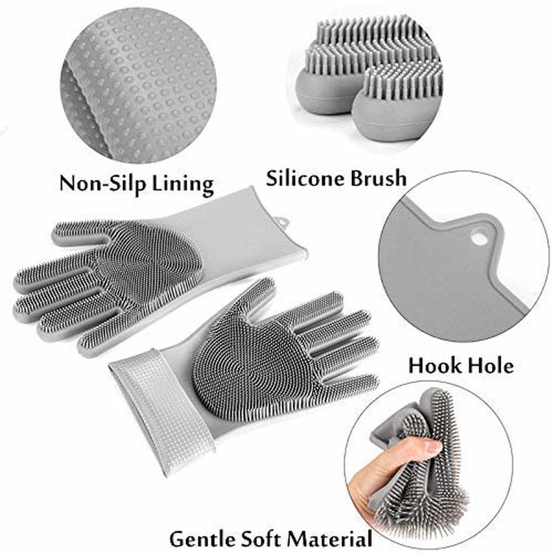 HULIANFU Silicone Dishwashing Cleaning Glove Magic Scrubber Sponge Rubber Glove for Washing Dish Kitchen Car Bathroom Pet Brush Cleaner - Deanwangkt