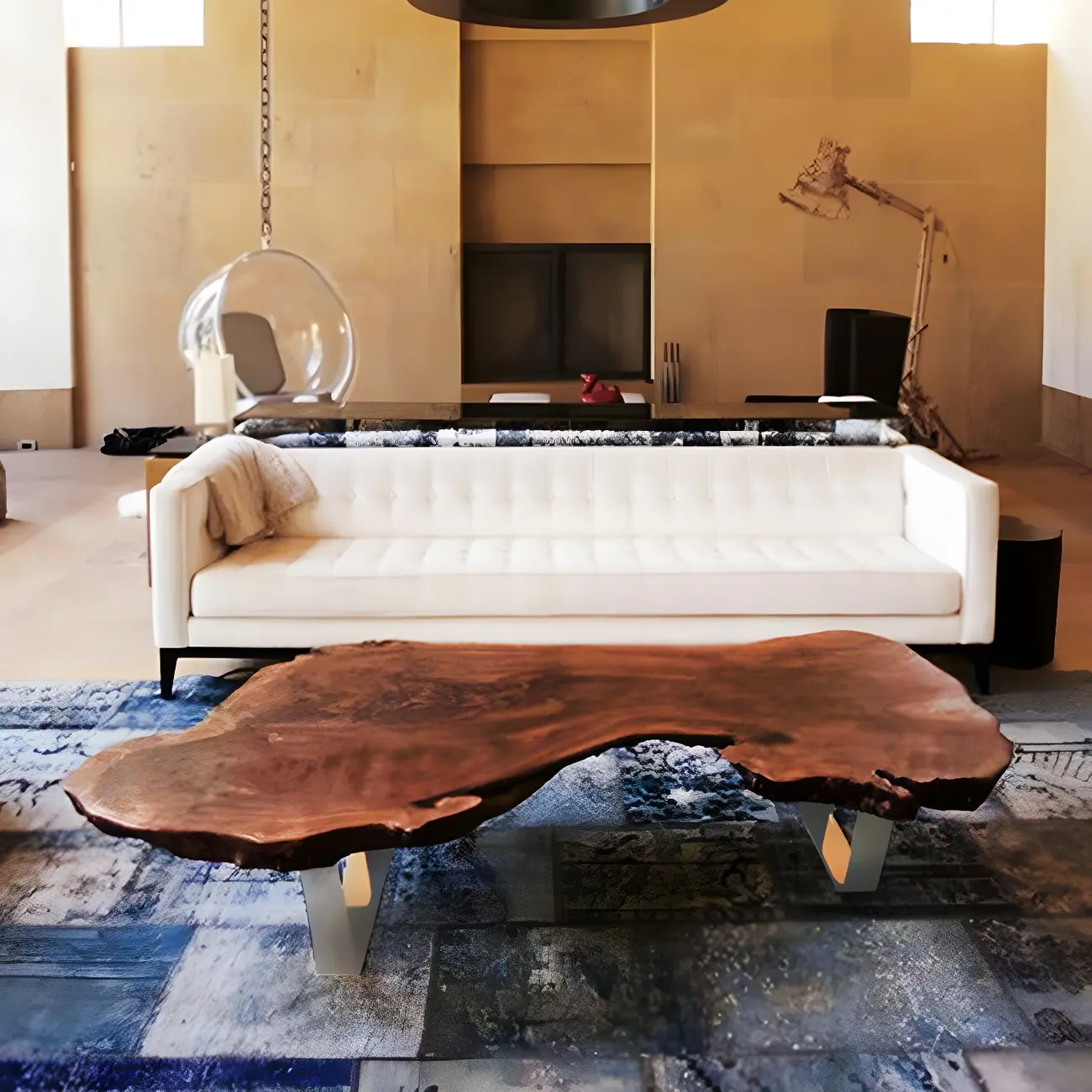 Geometric Modern Red Wood Top Steel Base Coffee Table