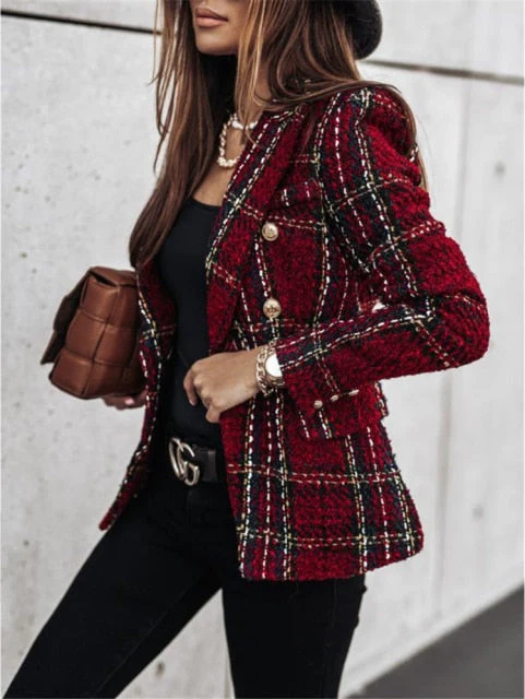 Demaifashion Slim Blazer Women Vintage Print Long Sleeve Button Veste Femme Casual Business Jacket Coat Office Ladies Suits Tops - Deanwangkt