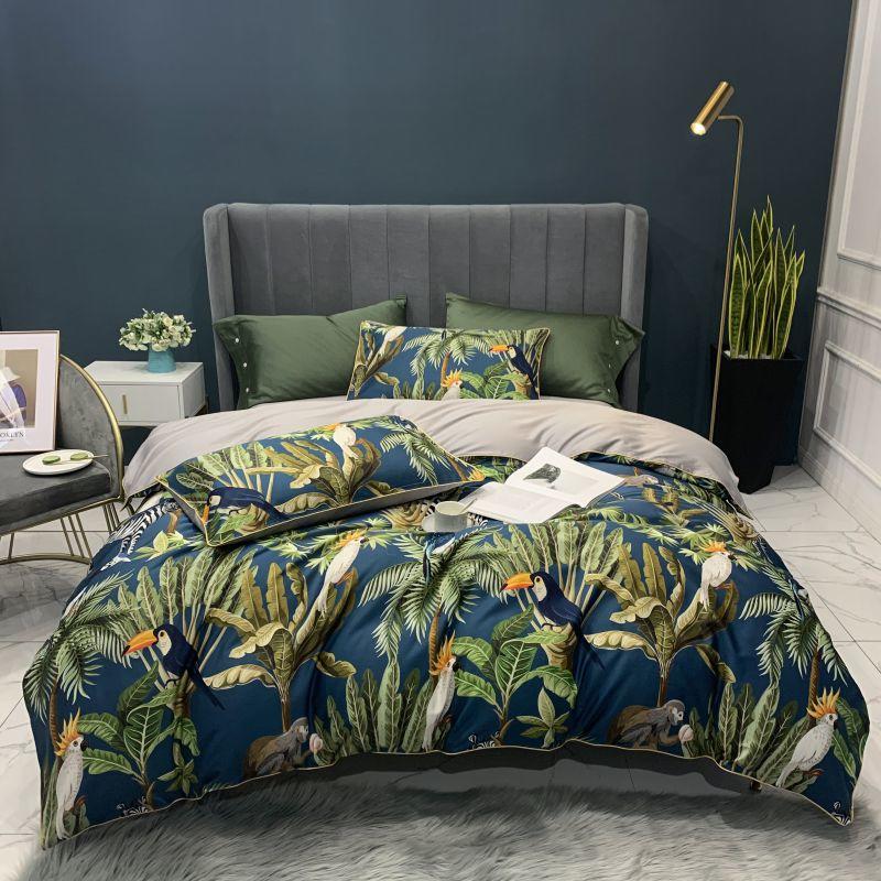 HULIANFU Tropical Leaves Flowers Duvet cover set Silky Soft 100%Egyptian Cotton Bedding set Queen King Bed sheet Quilt Cover Pillowcases - Deanwangkt