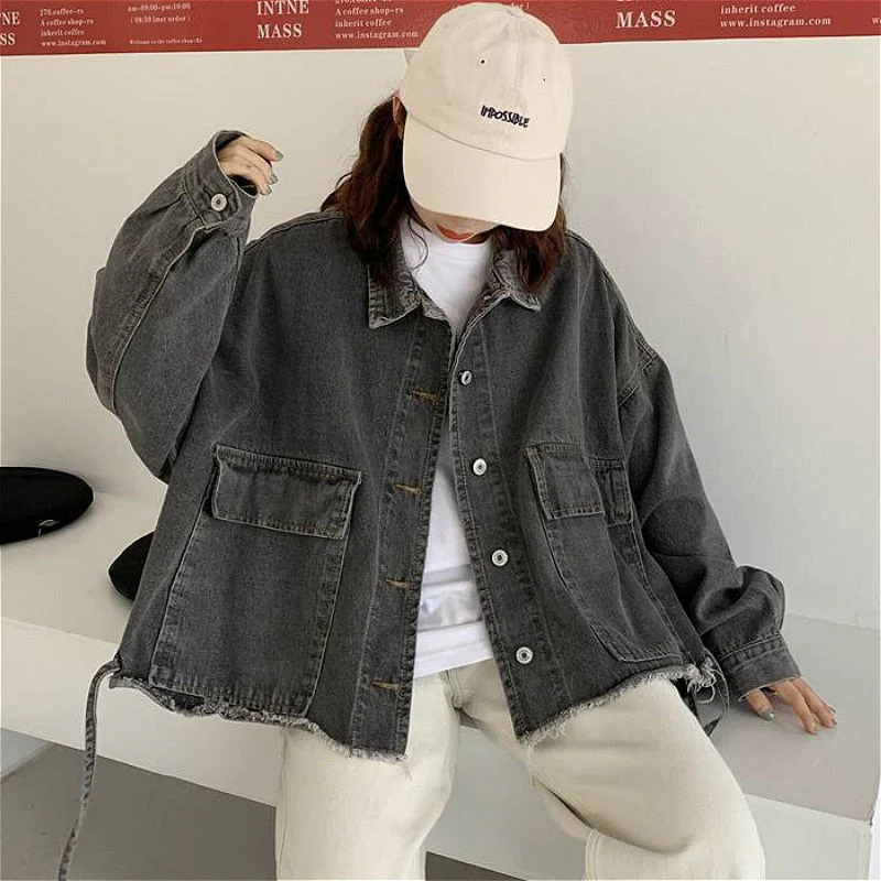 Hulianfu Basic Jackets Women Spring Chic Denim Harajuku Baggy Youth Female Short Outwear Korean Tassel All-match Preppy Girl Streetwear - Deanwangkt