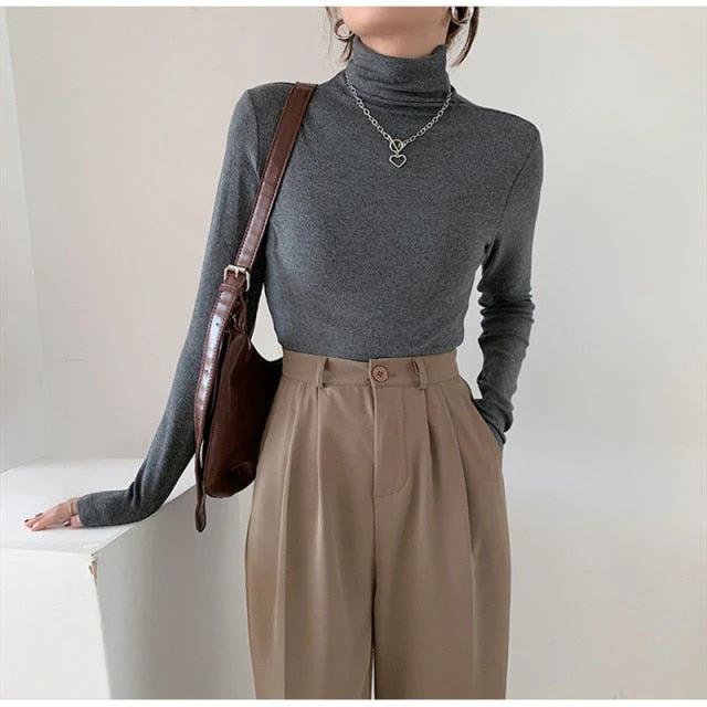 Autumn Women Pullover Tops Female Knitted Sweaters Solid Concise Turtleneck Elasticity Elegant Office Lady Casual All Match - Deanwangkt