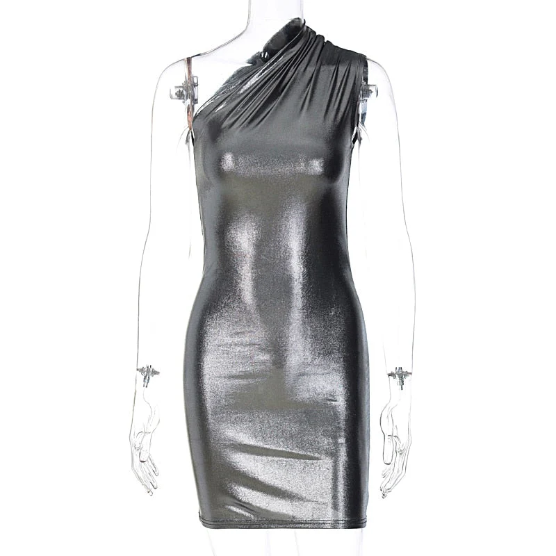Hulianfu Pu Leather One Shoulder Sleeveless Draped Mini Prom Dress 2026  Summer Fall Women Elegant Y2K Evening Party Club Clothes - Deanwangkt