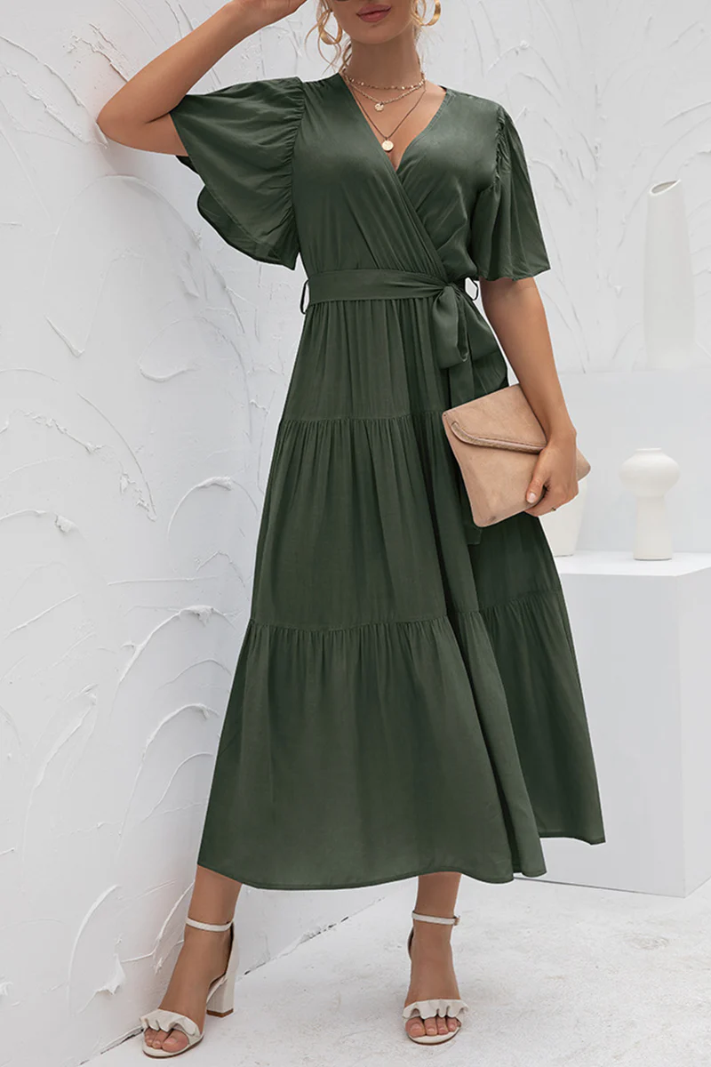 hulianfu Elegant Solid Patchwork With Belt V Neck Cake Skirt Dresses - Deanwangkt