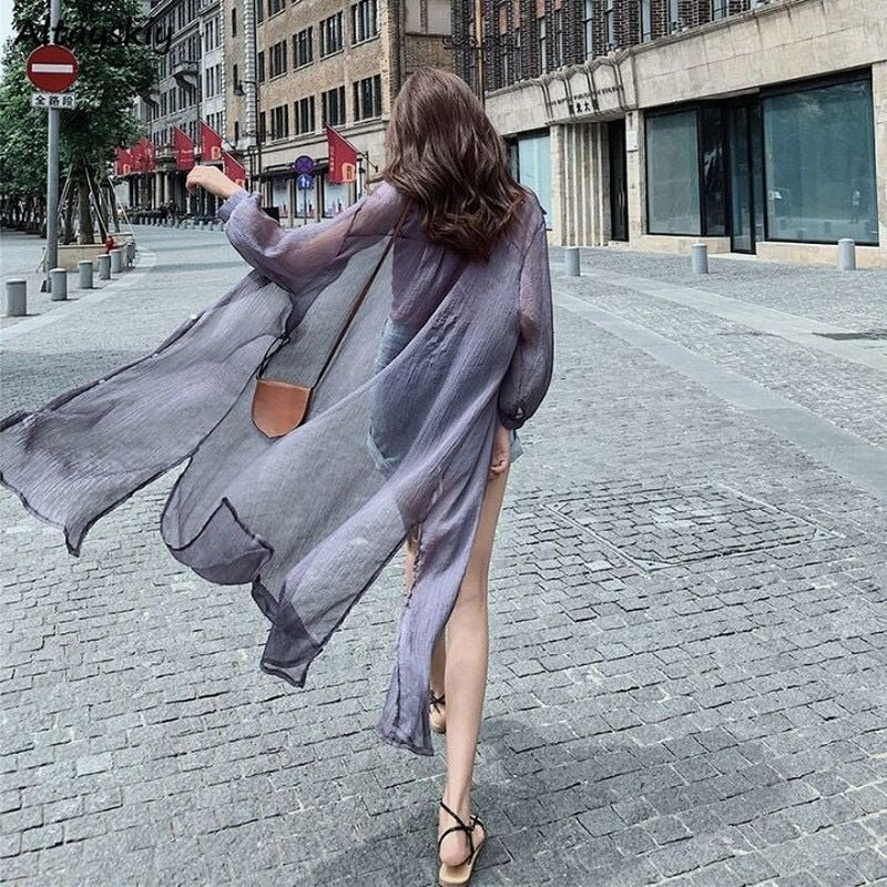 Hulianfu Women Blouse Sun Protection Fashion Long Lantern Sleeve Outerwear Sheer All-match Thin Beach Street Comfort Korean Style Leisure - Deanwangkt