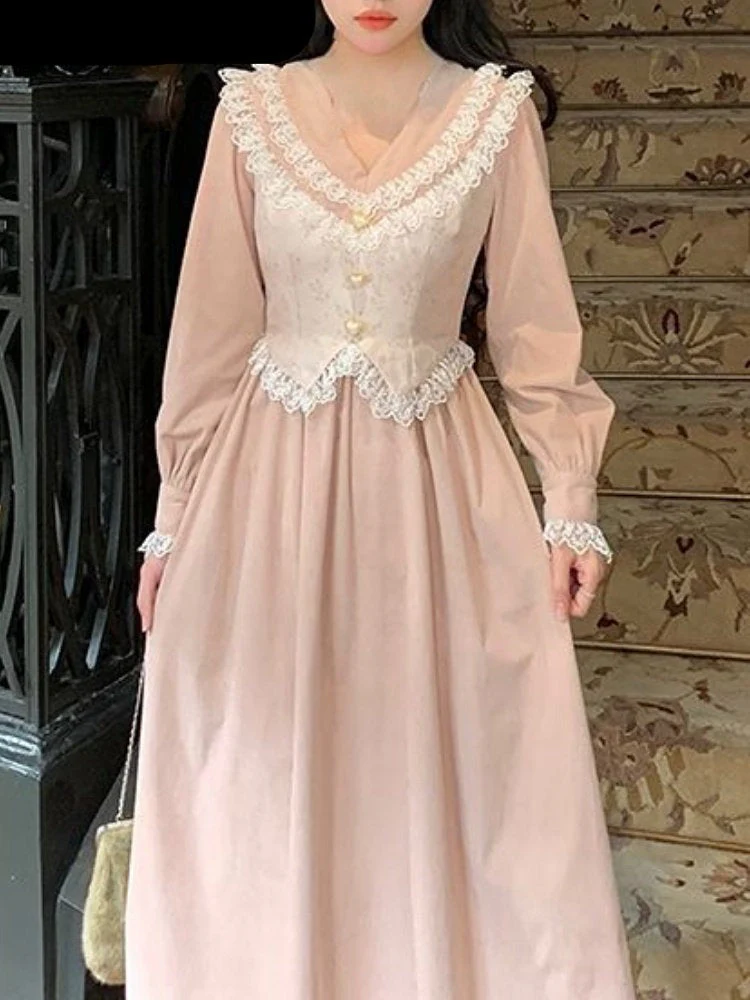 Hulianfu Corduroy Dress for Women 2026  New Fashion Fairycore Splicing Midi Dress Elegant Lantern Sleeve V Neck Y2k Vintage Dress - Deanwangkt