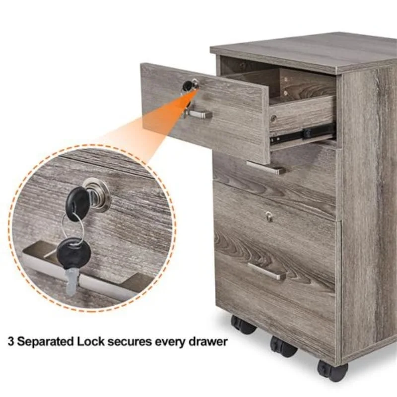 3-Drawer Rolling Wood File Cabinet with Lock