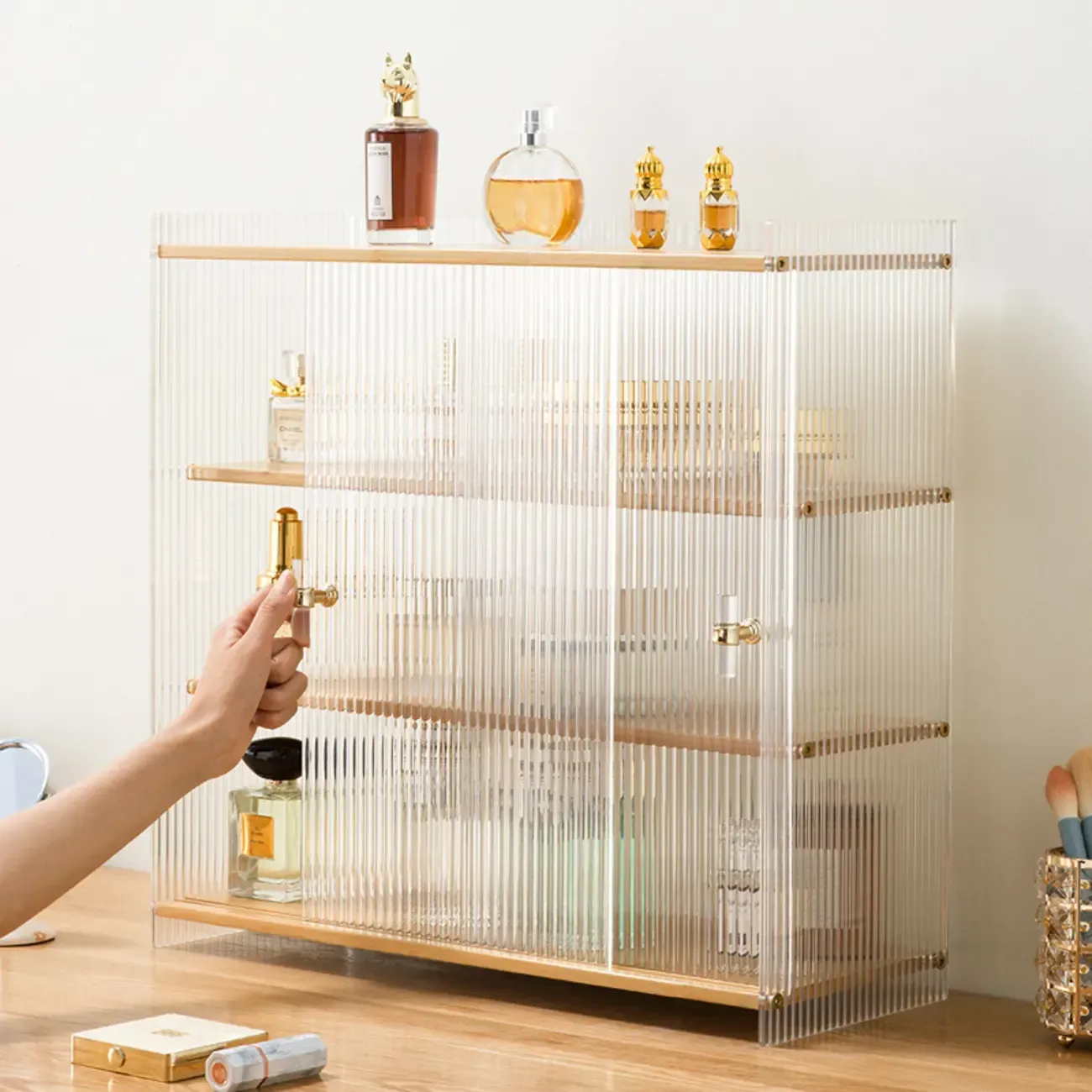 Natural Rectangular Glass Sliding Door Display Cabinet