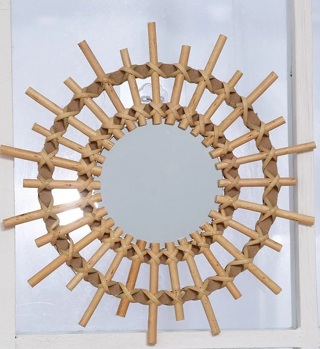 HULIANFU Rattan Innovative Art Decor Round Makeup Mirror Dressing Bathroom Wall Hanging Mirror Nordic Wall Hanging Makeup Mirror - Deanwangkt