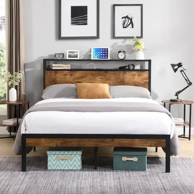 Metal and Wood Platform Bed Frame
