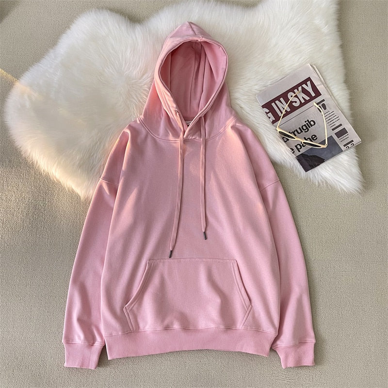 hulianfu Woman's Sweatshirts Solid Drop Shoulder Korean Female Hooded Pullovers  Thicken Warm Oversized Hoodies Women - Deanwangkt