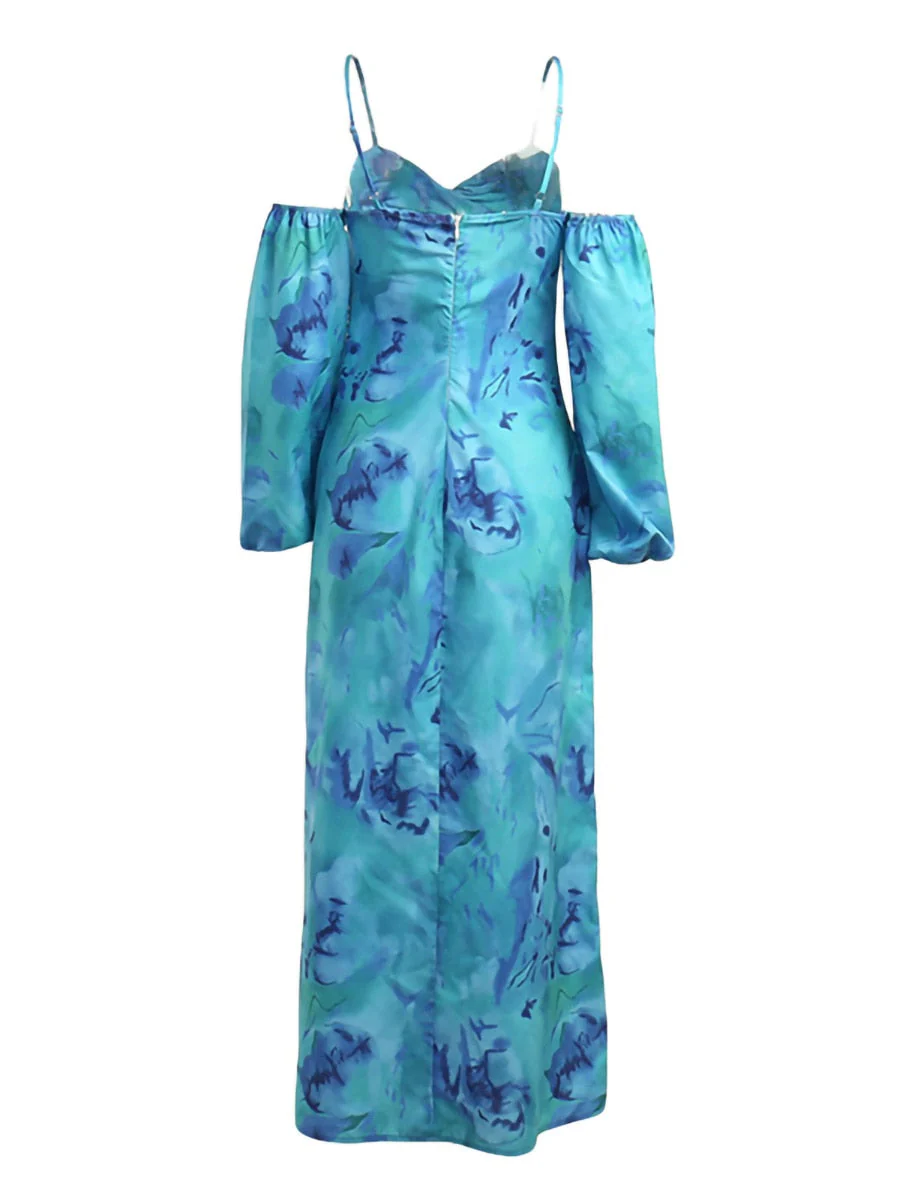 Hulianfu Women s Cold Shoulder Midi Dress Spaghetti Strap Long Sleeve Floral Print Beach Dress Y2k Low-cut Hollowed Out Long Slim Dress - Deanwangkt