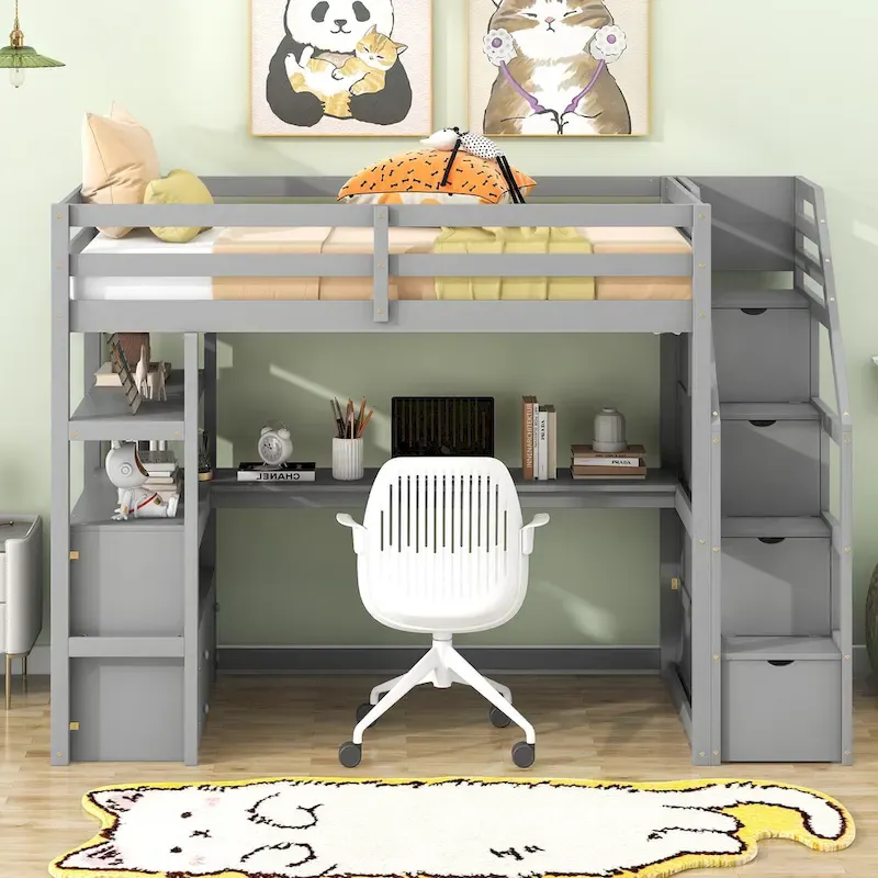 Twin Size Loft Bed with Desk and Shelves, Two Built-in Drawers