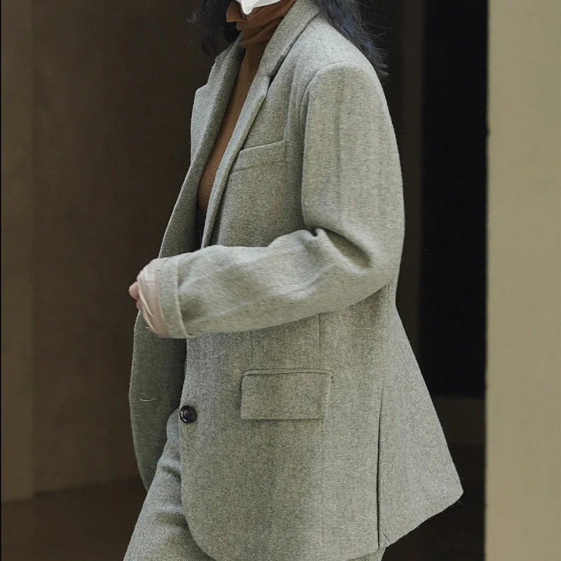 Hulianfu Fall Winter Women's Casual Coat Solid Color Single Breasted Pocket Decorative Loose Wool Blazer Jacket - Deanwangkt