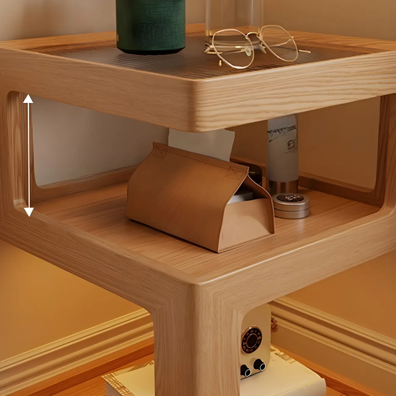 Narrow Wood and Glass Nut-Brown Shelves Nightstand with Light