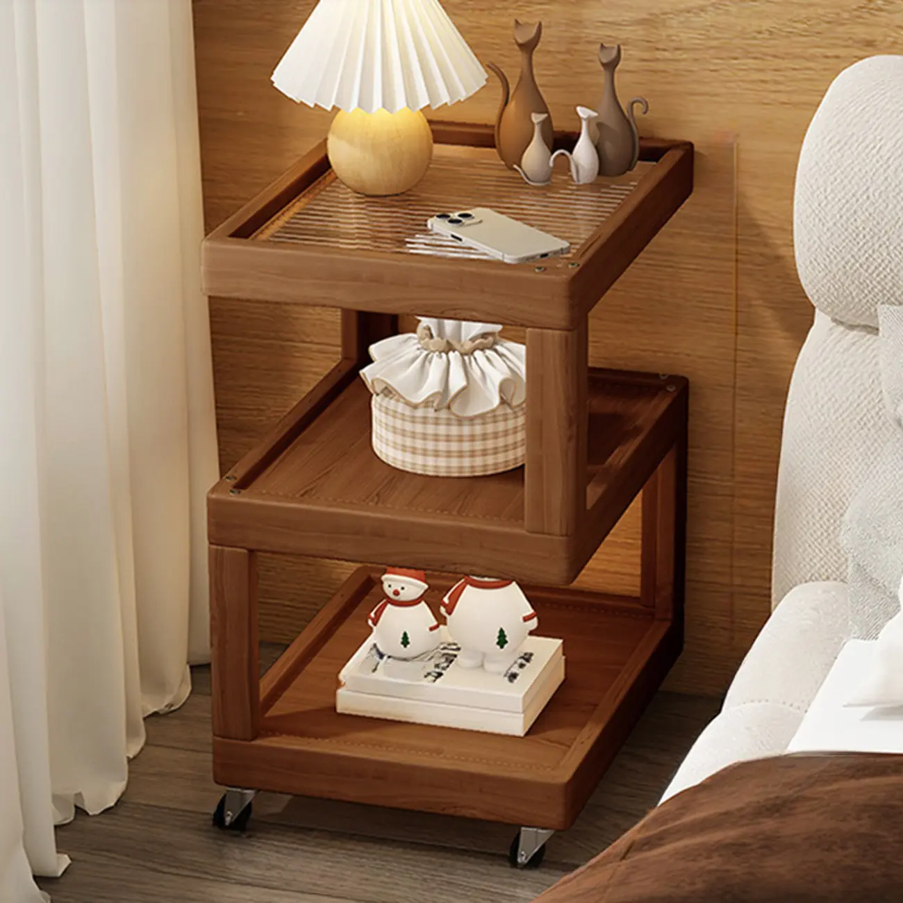 3-Tier Wood Walnut Storage Side Table with Wheels