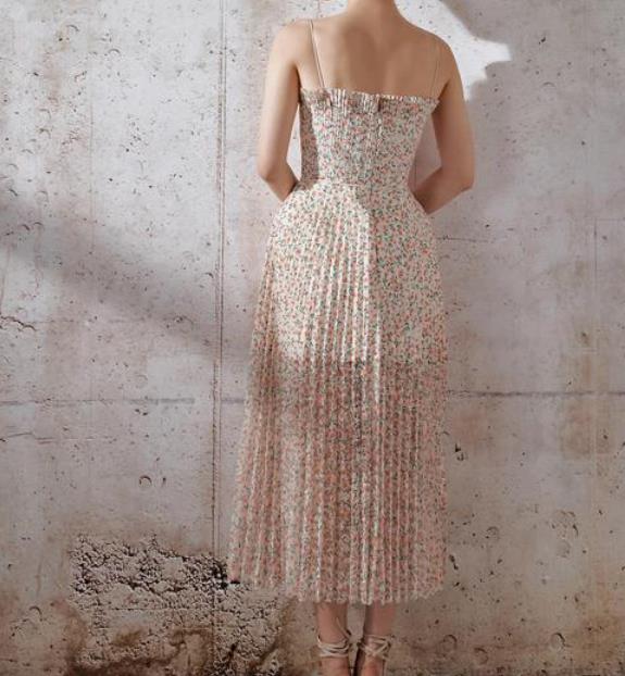 French Style Summer Vintage Floral Pleated Dress Women Spaghetti Strap High Waist Pleated Beach Dress - Deanwangkt